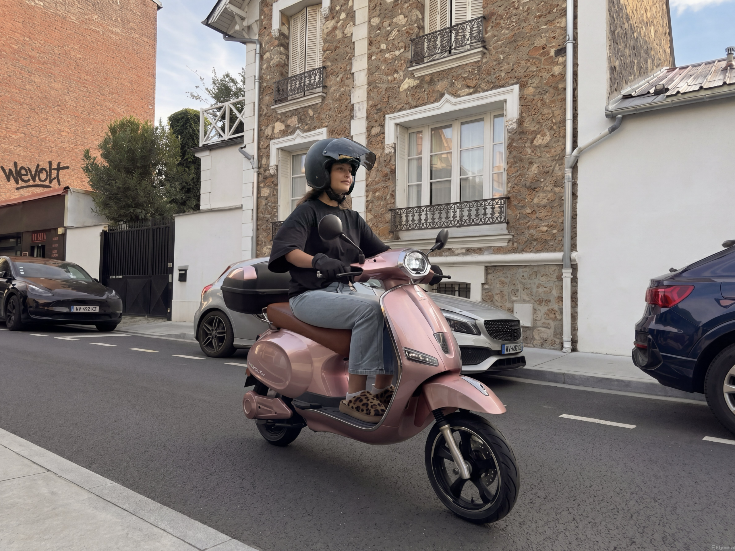 Conductrice en scooter électrique dans une rue en ville